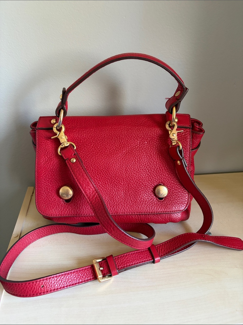 Biker Starlet- Pebbled Red Satchel with Top Handle and Adjustable Strap